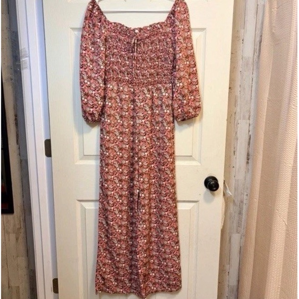 Lor &β Piece Collective Jumpsuit Smocked Floral Pink Brown Wide Leg Medium